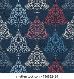 Retro grunge Christmas tree seamless pattern. Vintage Xmas printed wallpaper. Abstract doodle elegant winter backdrop.