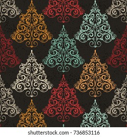 Retro grunge Christmas tree seamless pattern. Vintage Xmas printed wallpaper. Abstract doodle winter backdrop.