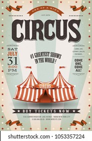 Retro And Grunge Circus Background/
Illustration of an old-fashioned vintage circus poster, with big top, design elements and grunge textured background