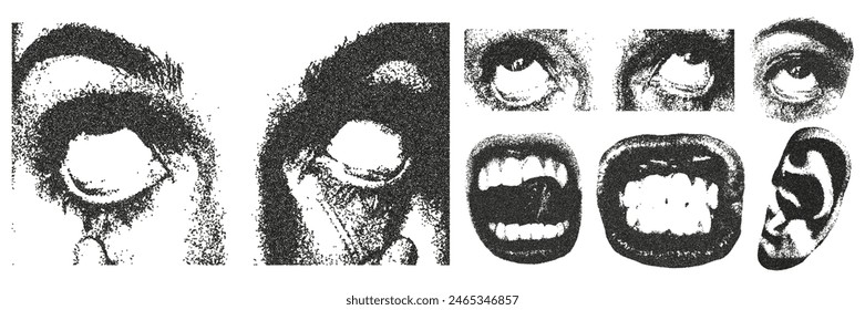 Retro grunge collage with a photocopy effect. Creepy face with white eyeballs, mouth in a grin, ear, eyes. Dot texture and stipple effect.