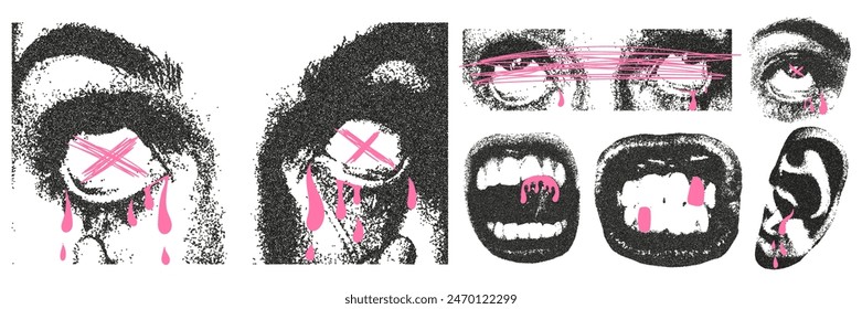 Retro grunge collage with a photocopy effect and pink scribbles. Creepy face with white eyeballs, mouth in a grin, ear, eyes. Dot texture and stipple effect.