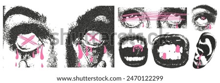 Retro grunge collage with a photocopy effect and pink scribbles. Creepy face with white eyeballs, mouth in a grin, ear, eyes. Dot texture and stipple effect.