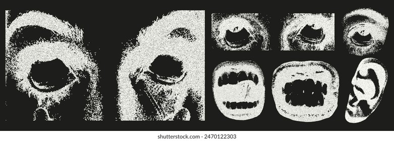 Retro grunge collage with a photocopy negative effect. Creepy face with white eyeballs, mouth in a grin, ear, eyes. Dot texture and stipple effect.