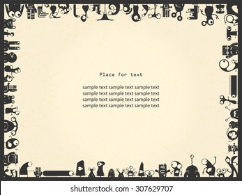Retro grunge frame with monsters and place for text. Vintage frame, grunge paper, cartoon monsters. vector illustration