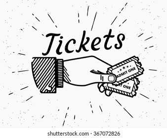 Retro grunge illustration of human vintage hand drawing with two tickets. Hipster style fully transparent icon with sunburst isolated on white background.