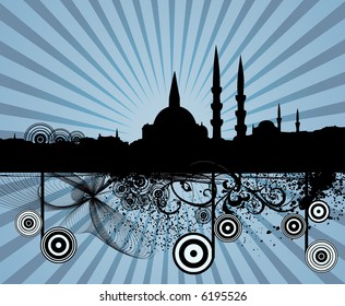 retro grunge mosque silhouette with branches and retro design elements