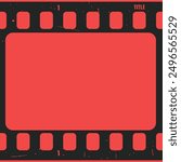 Retro grunge movie film strip on red background. Film strip frame template with grunge texture. Cinema and filmmaking concept. Vector illustration