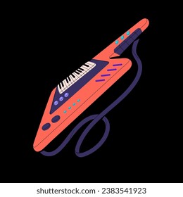 Instrumento musical retro grunge. Guitarra vintage en correa con teclado, sintetizador de ondas retroondas con fretboard, teclado eléctrico funky. 80, 90 con equipo de música. Ilustración vectorial aislada plana.