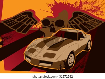 Afiche Retro Grunge Con Auto. Ilustración vectorial.