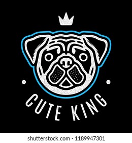 Retro grunge poster. Sad pug head. Vintage white t-shirt design.