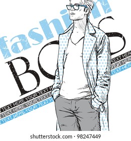 Retro grunge poster with stylish guy in a coat. Place for your text