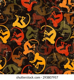 Retro grunge seamless pattern with colorful monkey on a black background.