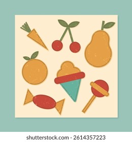 Retro grunge sticker set with funky shapes. Flat fruit icons feature playful candy forms and minimal patch details. Perfect for y2k or brutalism inspired decorations, square frames, or creative