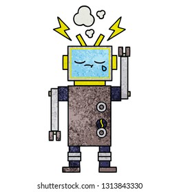 retro grunge texture cartoon of a crying robot