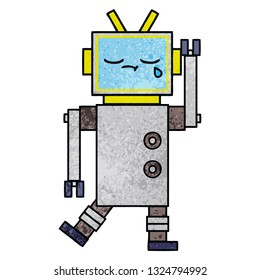retro grunge texture cartoon of a crying robot