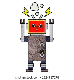 retro grunge texture cartoon of a happy robot
