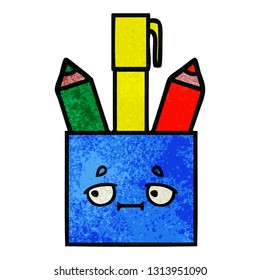 retro grunge texture cartoon of a pencil pot