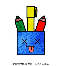 retro grunge texture cartoon of a pencil pot