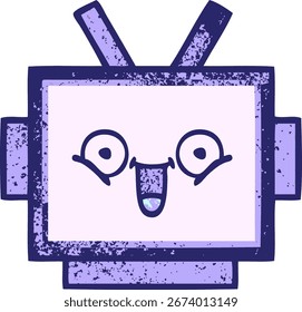 Dibujos animados retro de la textura del grunge de una cabeza del robot en color neón brillante