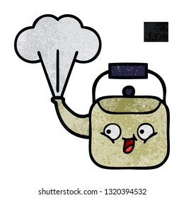 retro grunge texture cartoon of a steaming kettle