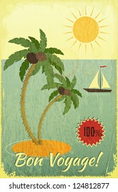 Retro Grunge Travel Postcard - Sea, Palm trees and Yacht on Vintage background. Vector Illustration.