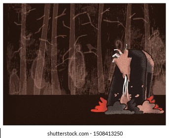 Retro and grunge vector illustration of horror cemetery.Hand skelet in the pit .
Ghost or people shadow in tree background. Vintage Retro Halloween