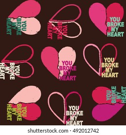 Retro grunge vector seamless pattern background with broken hearts 2
