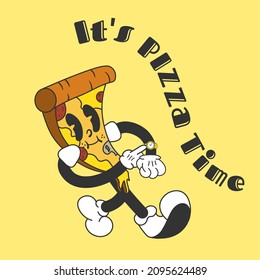 Retro grunge vintage 1930s comic cartoon character slice of pizza. It's pizza time. Vector illustration of pizza mascot, character. Funny piece of pizza.