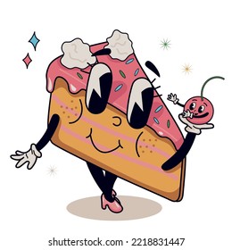 Retro grunge vintage cake character  1930s comic cartoon isolated on white background. Groovy Retro sticker with contemporary comic book mascot sweets.