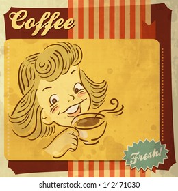 retro grunge vintage vintage grunge retro card with girl and coffee cup retro grunge vintage classic coffee food old teen elderly tiny cup classical styled painting nurture adolescent girls mature sta