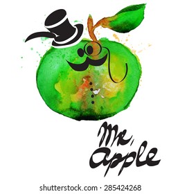 retro grunge watercolor  apple. Funny hipster character Mr. apple