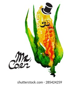 retro grunge watercolor corn. Funny hipster character Mr.corn