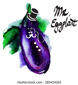 retro grunge watercolor eggplant  poster. Funny hipster character Mr. eggplant