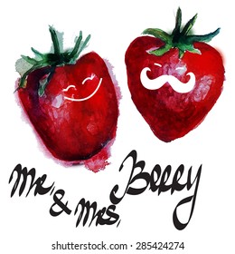 retro grunge watercolor strawberry. Funny hipster character Mr.Mrs. strawberry