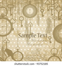 Retro grungy invitation card with antique clocks