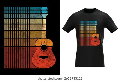Retro guitar design showcased on a black tee offers a vintage aesthetic with musical flair and classic charm for a modern look, silhouette