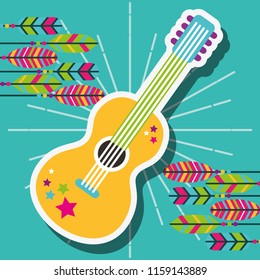 retro guitar with stickers and feathers free spirit