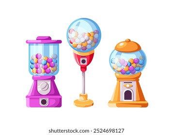 Retro gumball vending machines filled with colorful candies flat color icons set. Glass containers with sweet treats illustration bundle