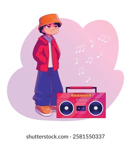 Retro guy listening to music from a portable tape recorder