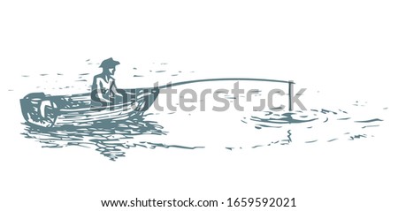 Retro guy person in hat sit on white summer sky scene backdrop. Outline black ink hand drawn marine rest tackle lure hook gear sign icon in vintage art doodle cartoon style pen on paper space for text