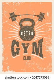 Club de gimnasia retro o centro deportivo gimnasio tipográfico de poster de grunge vintage, emblema, diseño de logo con bóveda y timbre. Ilustración vectorial retro.