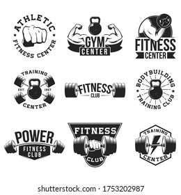 Retro gym flat emblem set. Aggressive hot design for sport club posters, logos, icons and stamps vector illustration collection. Bodybuilding and workout concept