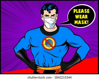 Retro Half Body Superhero combat l'infection virale en portant un masque médical, un logo sur la poitrine portant la main sur les hanches. Pop Art, illustration Vectorielle dans la bande dessinée rétro style vintage