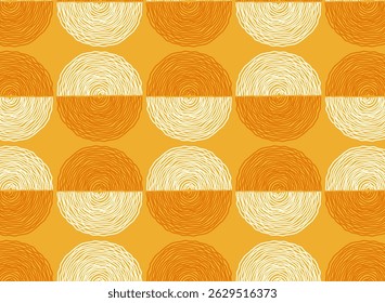 Retro Half Circle Pattern with Spiral Designs. Geometric seamless pattern with hand drawn spiral half circles in a warm yellow beige color palette. Perfect for fashion prints, packaging, brand assets