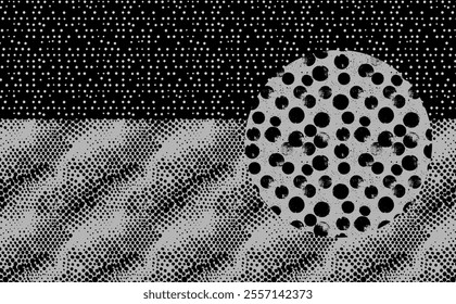 Retro halftone background with graphic dotted circle pattern. Vintage comic style design featuring grainy gradient and geometric grid. Black and white vector overlay with subtle noise, gritty texture.