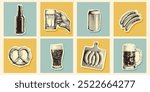 Retro halftone beer elements. Pop art set. Bottles, mugs, can, Bavarian pretzels and sausages. Pixel photocopy effect. Grunge bitmap texture. Perfect for Oktoberfest designs and beer events.