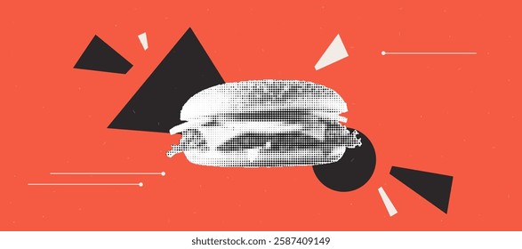 Retro halftone burger collage on geometric abstract background for trendy dada art design