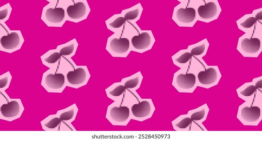 Padrão de cereja de meio-tom retro sem costura. Vintage fundo pontilhado 2000s para têxtil, papel de embrulho, tecido, papel de parede, pano de fundo, design de impressão, tampa. Vetor