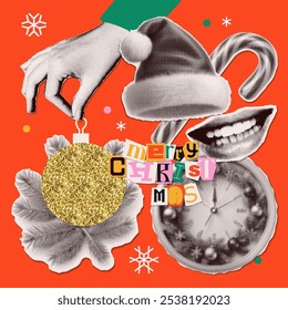 Retro halftone Christmas collage elements set - hand with ball, Santa hat, clock, candy can. Trendy vector collection of New Year clipping paper stickers. Vector dots texture.