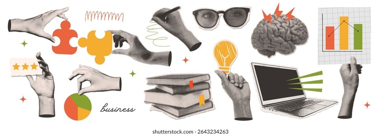 Retro halftone collage business paper stickers set. Hands with puzzles, lightbulb, chats , pen. Technology, startup, idea and teamwork concept. Modern retro vector illustration